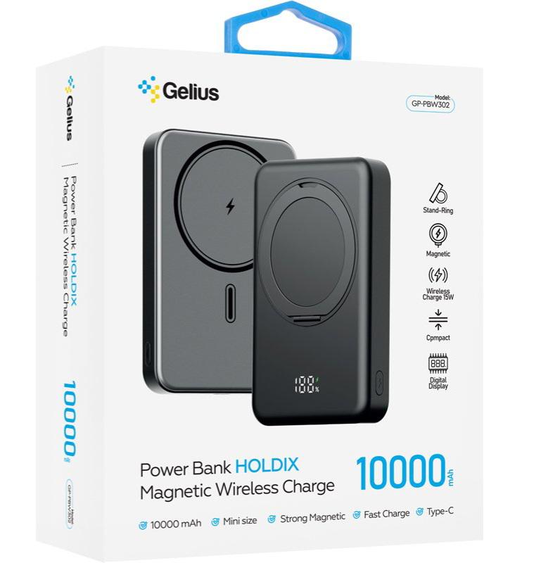 Повербанк с беспроводной зарядкой Gelius HOLDIX GP-PBW302 Magnetic Wireless Charge 15W 10000 mAh Black (100988) - фото 6 Повербанк с беспроводной зарядкой Gelius HOLDIX GP-PBW302 Magnetic Wireless Charge 15W 10000 mAh Black (100988) - фото 6