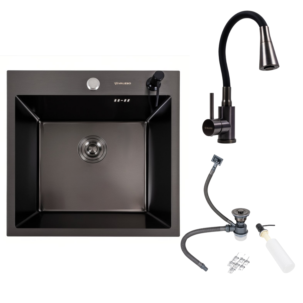 Мийка Valeso Handmade 50x50 см PVD Чорний/змішувач NES-F12 (000050610) - фото 1 Мийка Valeso Handmade 50x50 см PVD Чорний/змішувач NES-F12 (000050610) - фото 1