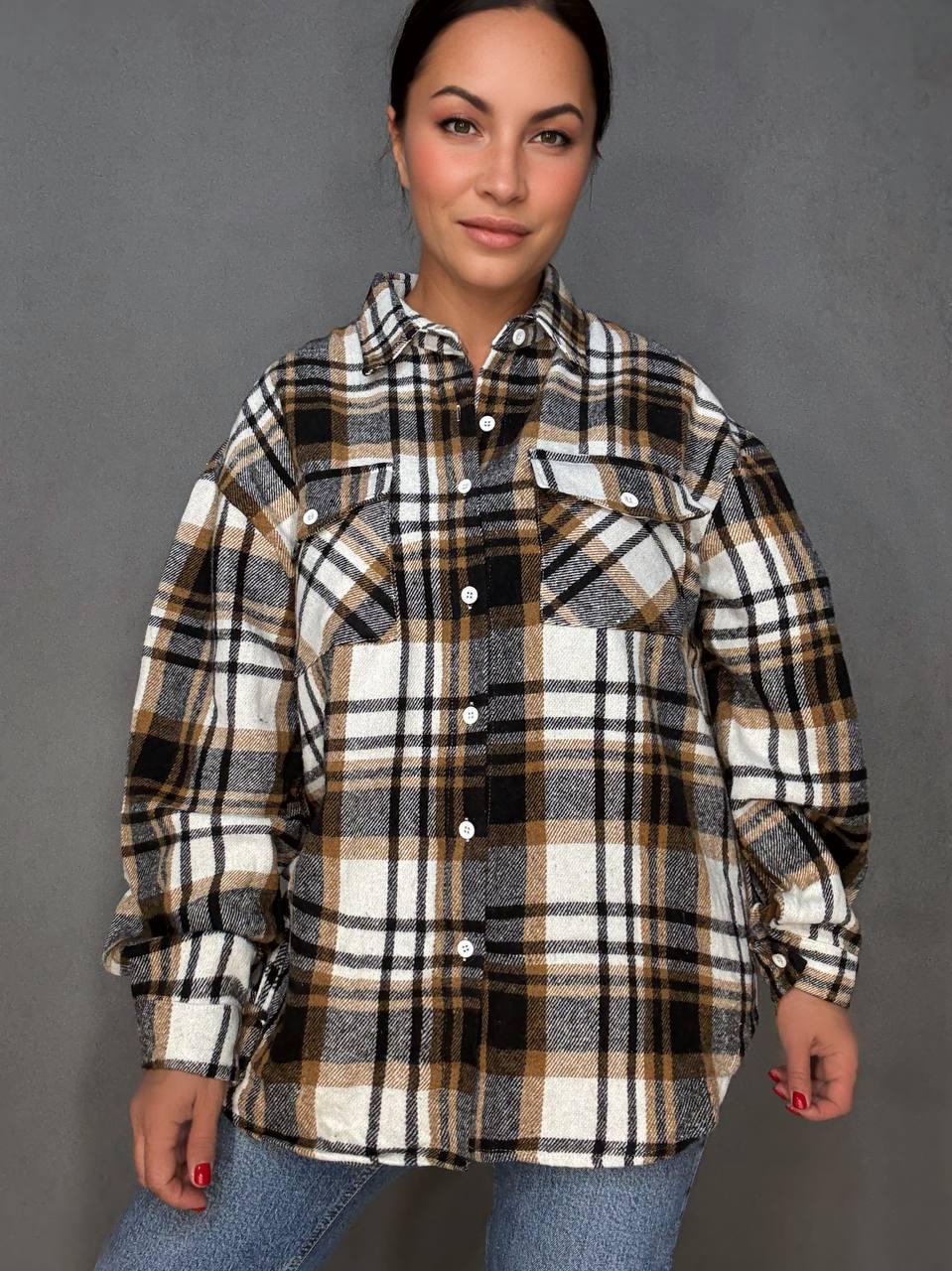 Сорочка жіноча YZY 223 картата оверсайз тепла байка OS Бежевий (5399) - фото 8 Сорочка жіноча YZY 223 картата оверсайз тепла байка OS Бежевий (5399) - фото 8