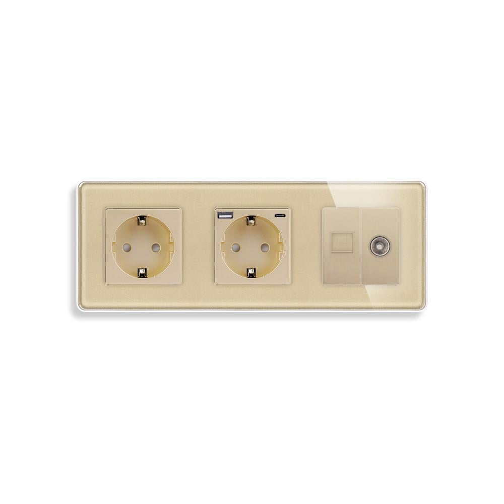 Розетка ELIOS с USB 20Вт интернет RJ-45/ТВ выходом с заземлением/шторками 250В 16А стеклянная рамка Золотой (TW-M3FGACCAT6PTY-GD)