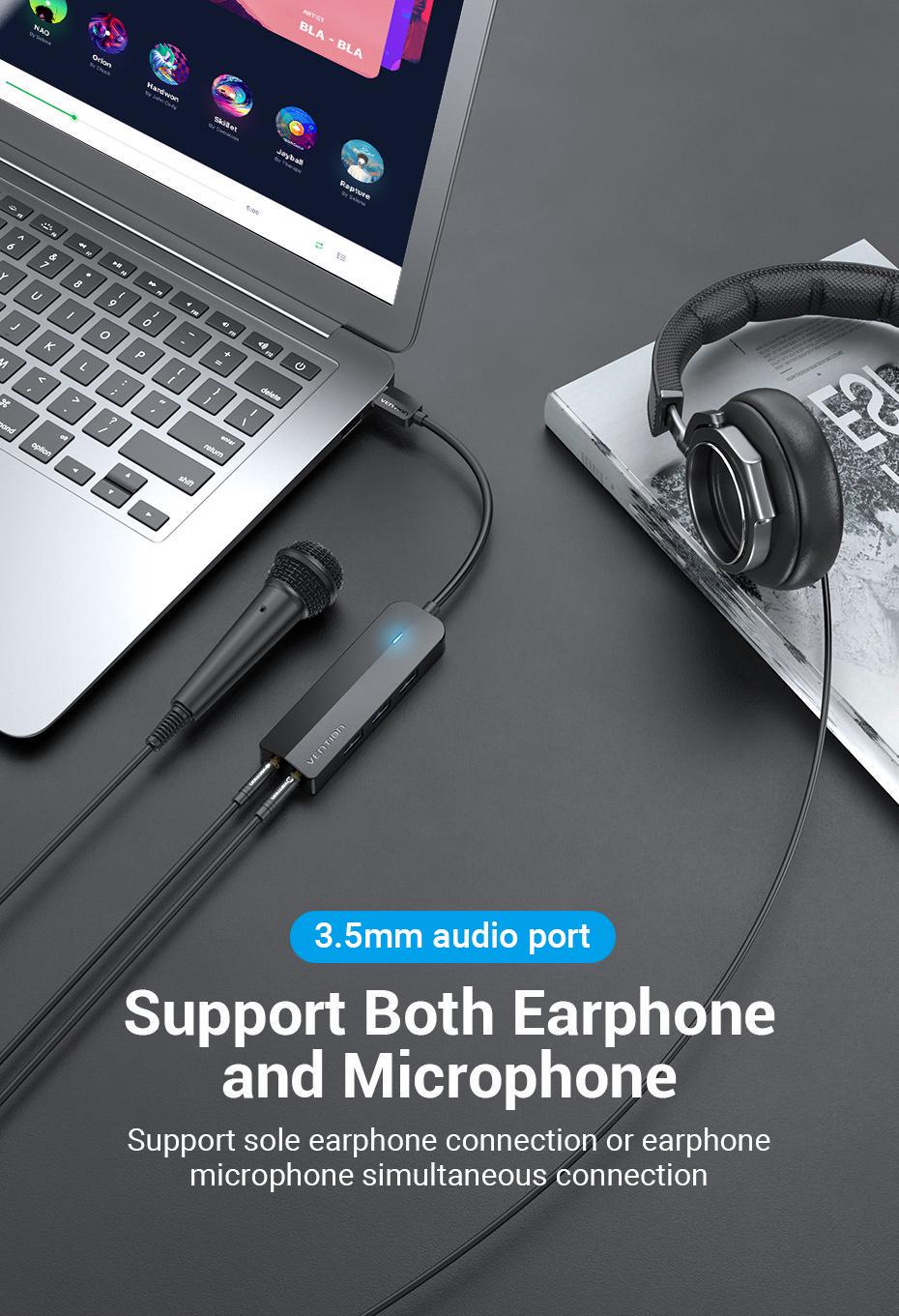 USB-хаб Vention зі звуковою картою USB-3x USB 3.0/2x 3,5 мм minijack/micro-USB додаткове живленя 5 Гбіт/с USB-A 1 м Чорний (CHIBF) - фото 4 USB-хаб Vention зі звуковою картою USB-3x USB 3.0/2x 3,5 мм minijack/micro-USB додаткове живленя 5 Гбіт/с USB-A 1 м Чорний (CHIBF) - фото 4