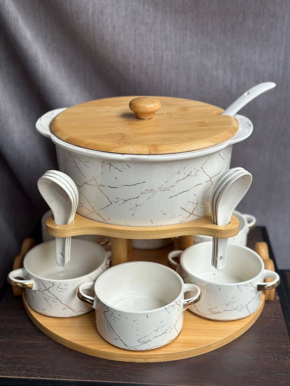 Сервіз суповий YiWu HP1218 кераміка на бамбуковій підставці 6 персон Білий - фото 4 Сервіз суповий YiWu HP1218 кераміка на бамбуковій підставці 6 персон Білий - фото 4