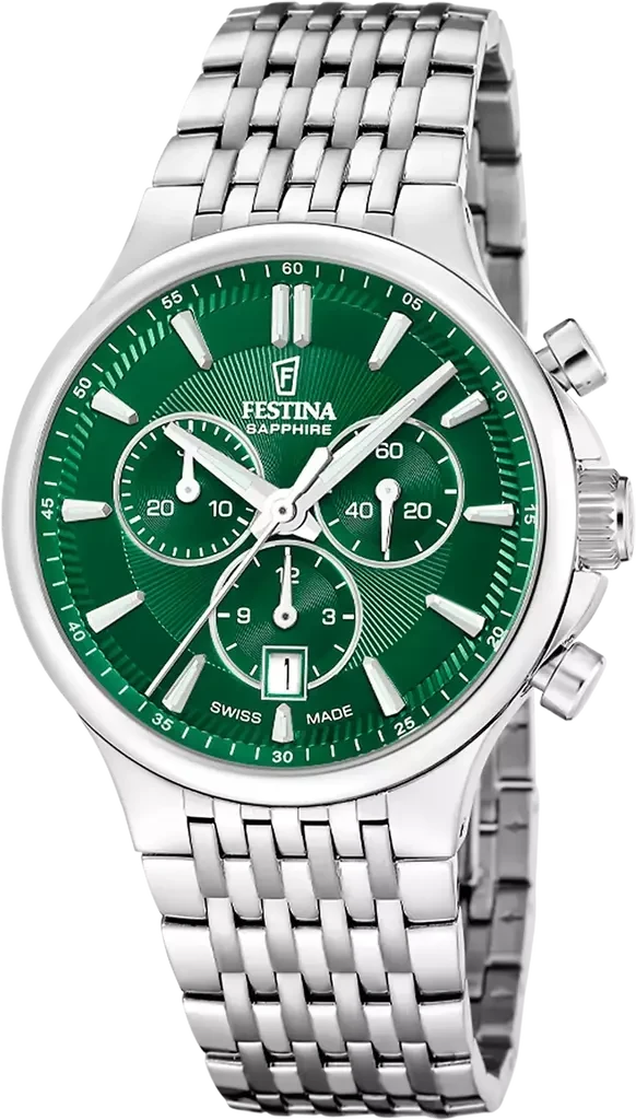 Наручний годинник чоловічий Festina Chrono Swiss Made F20093/3 з сталевим корпусом та зеленим циферблатом