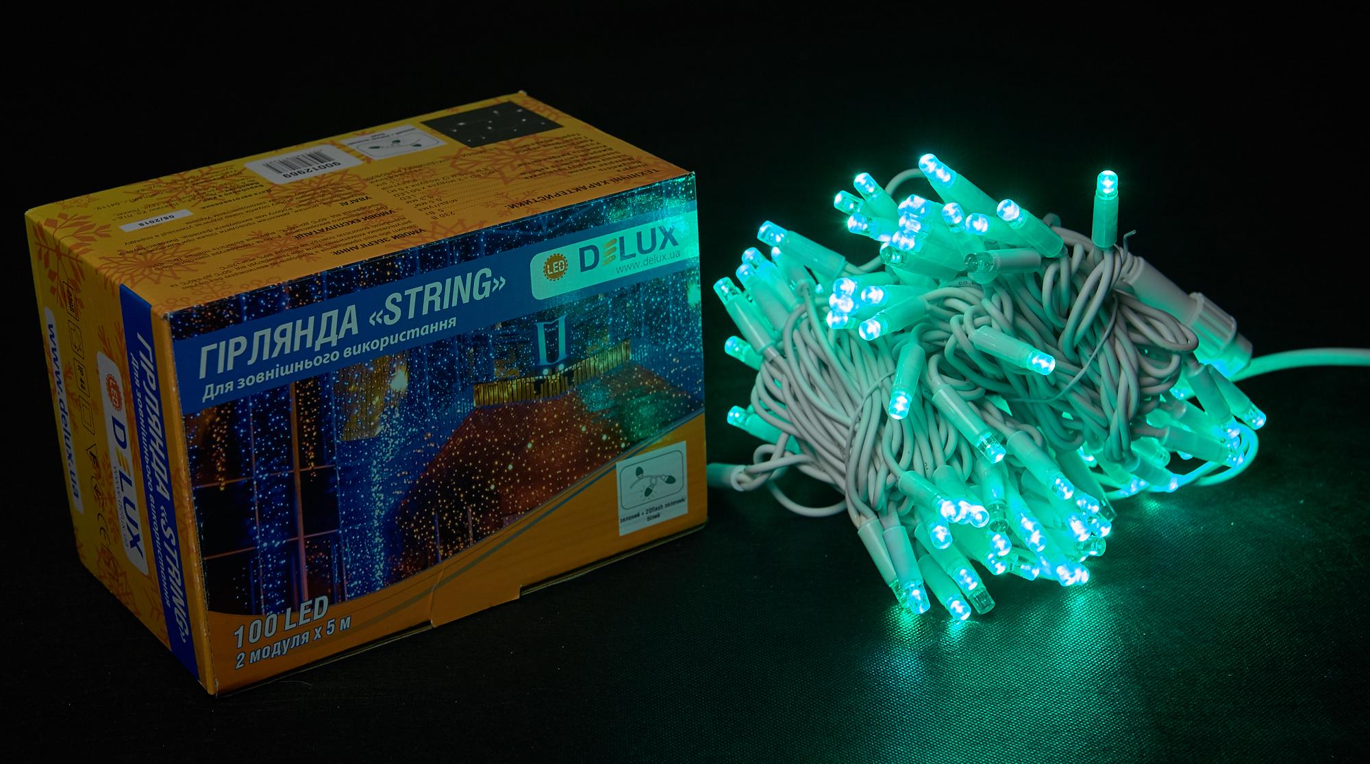 Гирлянда внешняя Delux String 100 LED IP44 EN нить 20 flash 2x5 м Зеленый/Белый (13455369)