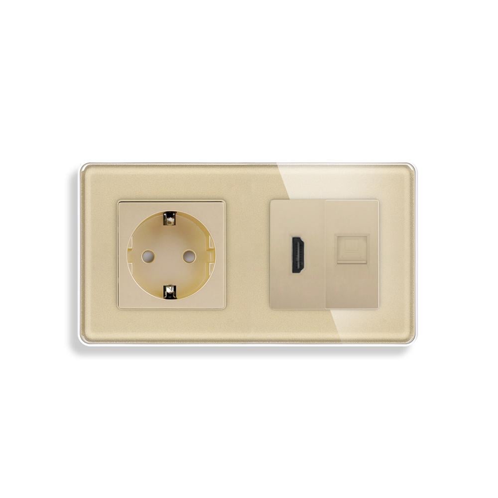 Розетка настенная ELIOS с HDMI/интернет портом RJ-45 дизайнерская стеклянная рамка Золотой (TW-M2FHDMICAT6-GD)