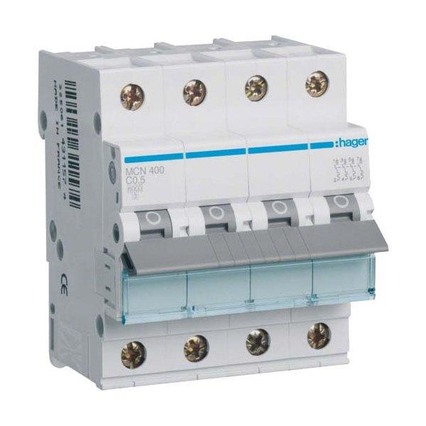 Автоматичний вимикач Hager 4 полюс 6 kA тип C 0.5A MCN400 (74291)