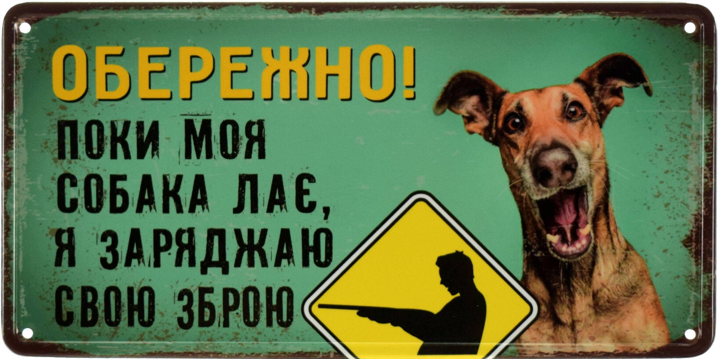 Табличка металлическая Обережно! Поки Моя Собака Лає, Я Заряджаю Свою Зброю 15x30 см