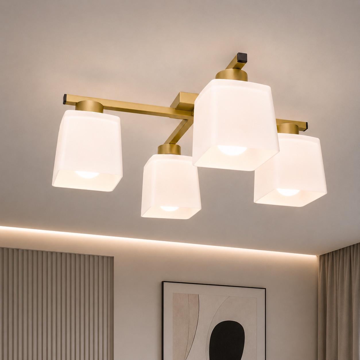 Люстра MSK ELECTRIC Sakura на четыре квадратных плафона под лампы Е27 Античное золото (NL 16510-4 GD)