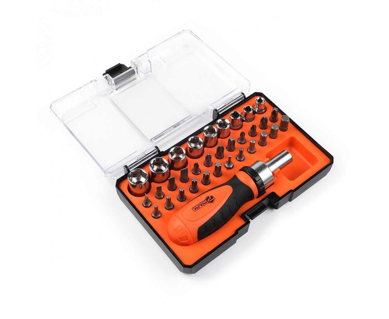 Отвертка Polax с реверсом сменными насадками и битами 34в1 (51-050)