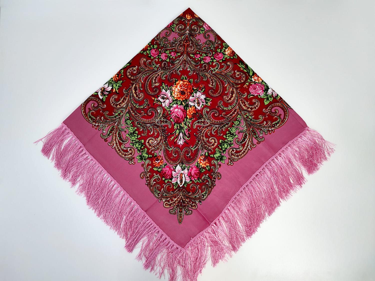 Платок в народном стиле Букет цветов 120х120 см Розовый с красным М03 (29416895)