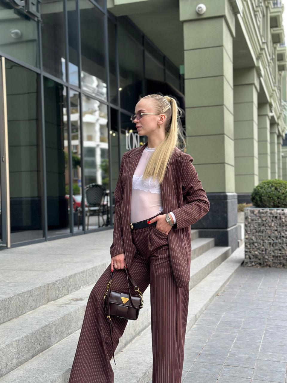 Костюм женский в полосочку пиджак/брюки S Шоколадный (2628190769) - фото 7