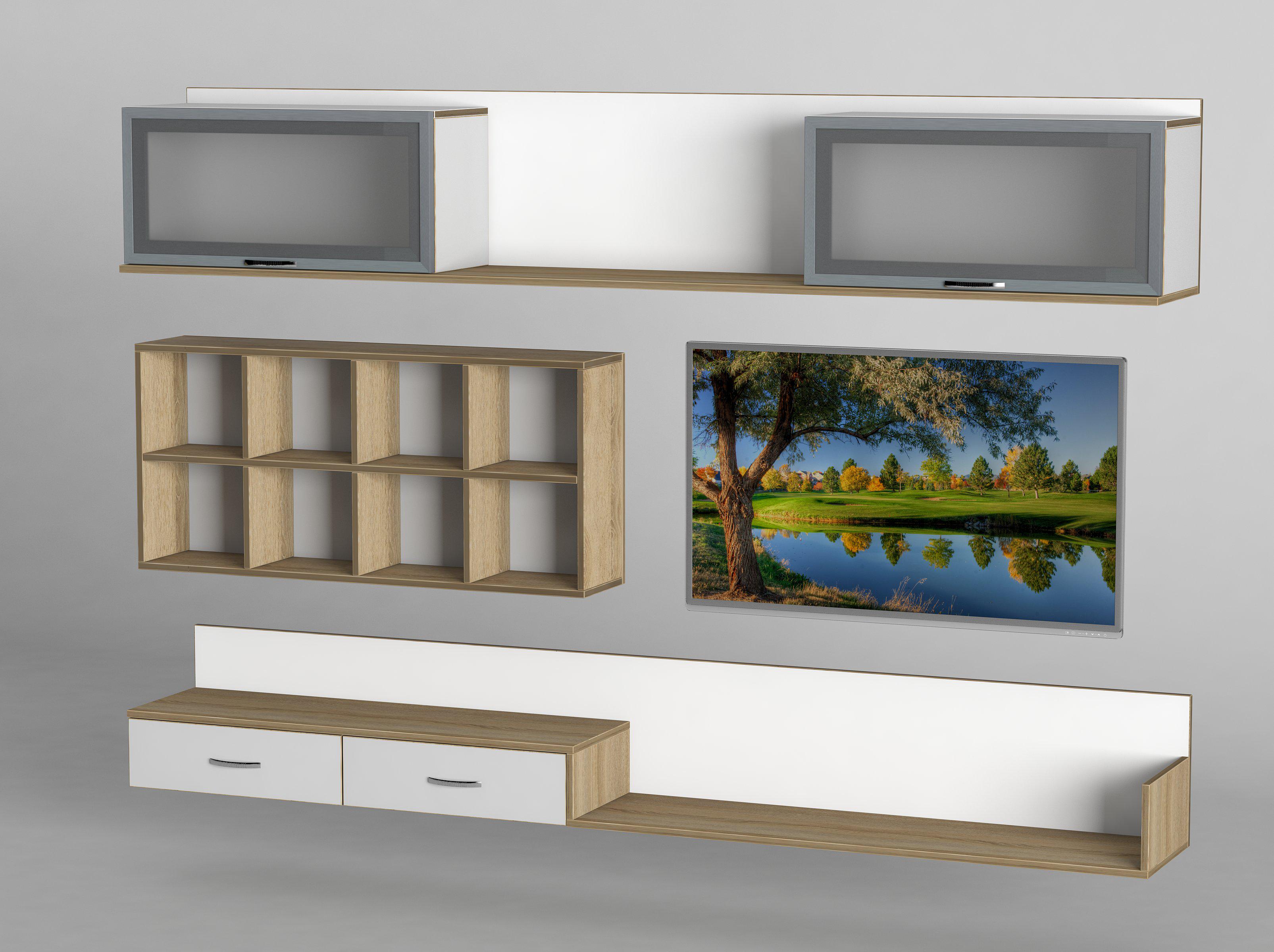 Вітальня навісна Тіса-меблі Вітальня-207 226х190х31,6 см Дуб сонома/Білий