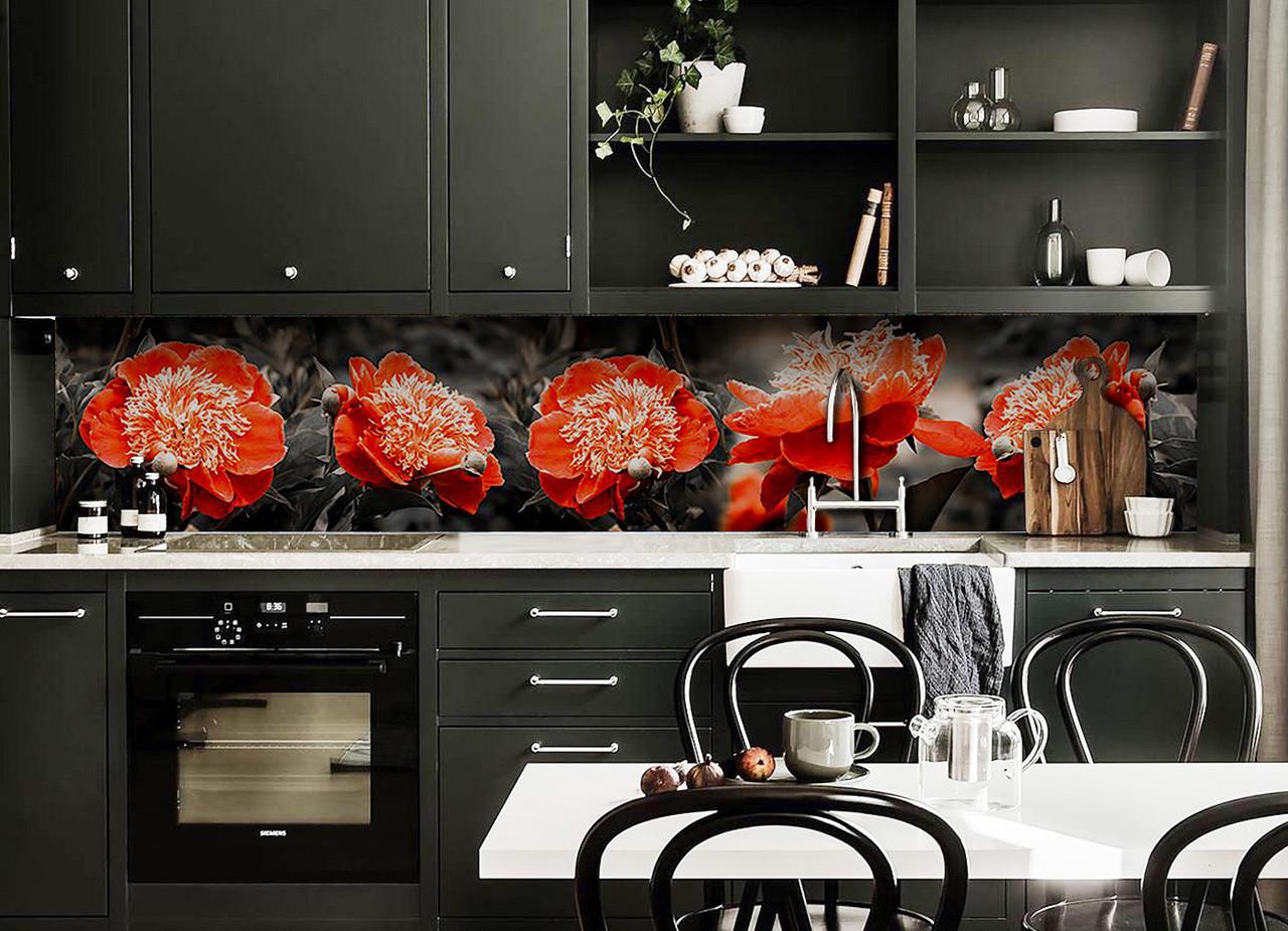 Кухонный фартук Красные пионы 02 из самоклеющейся виниловой пленки 60х250 см Красный