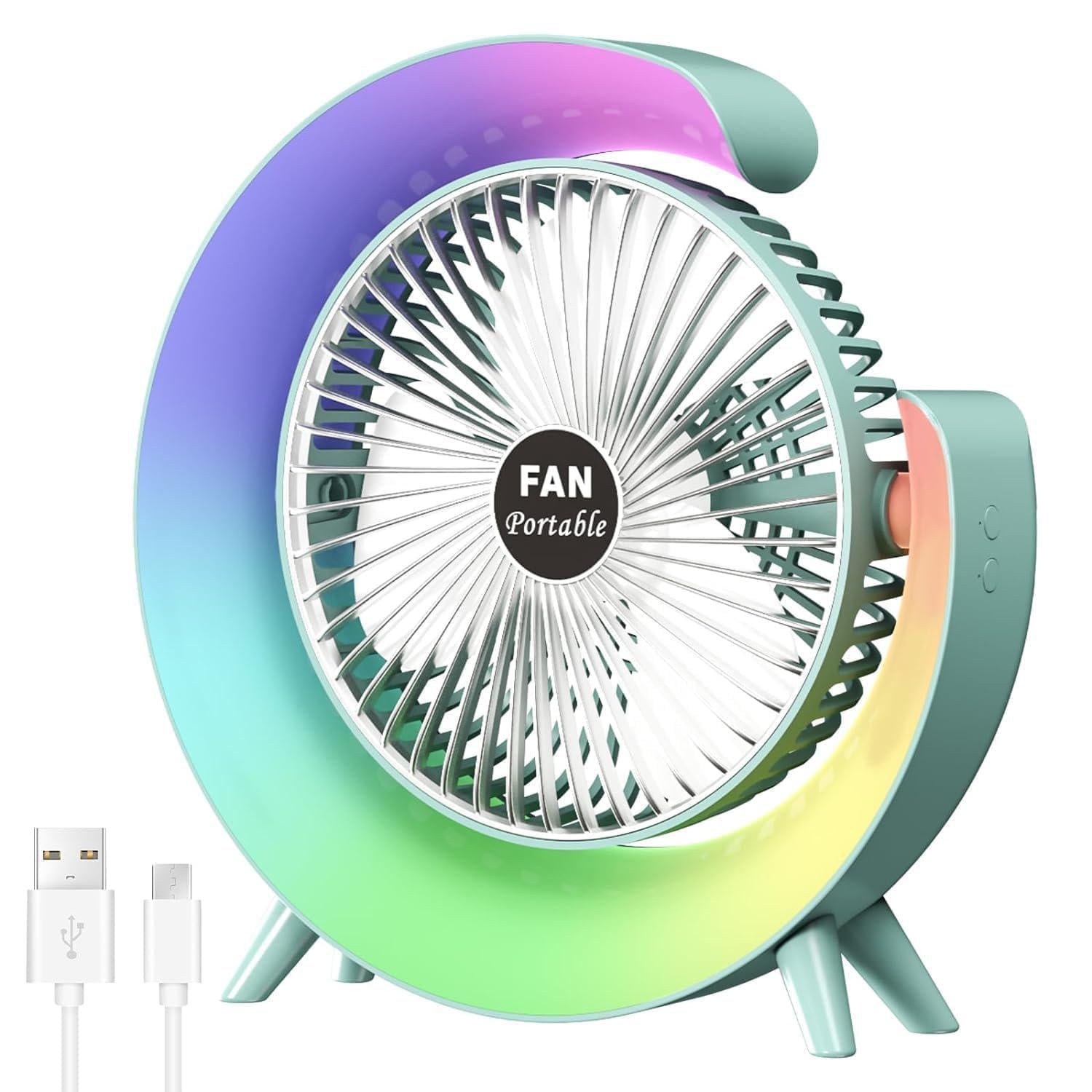 Вентилятор настольный аккумуляторный Fan Portable USB RBG подсветка Зеленый (376191)