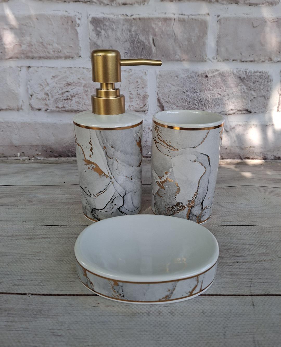 Набор аксессуаров для ванной комнаты BonaDi White Marble & Gold керамика 3