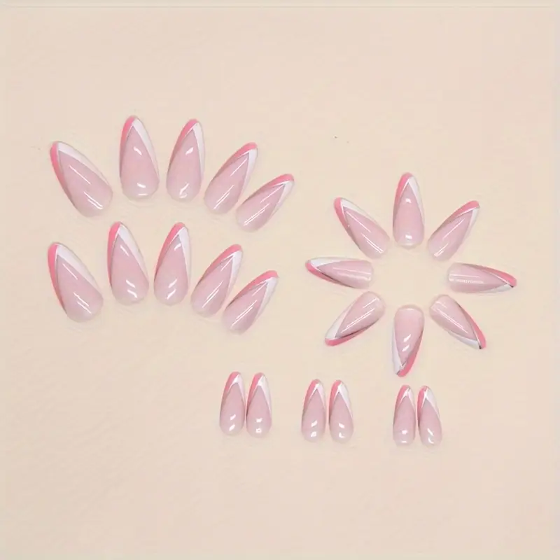 Ногти накладные Цветной френч с серебристой полоской миндаль средней длины с клеевыми стиками 24 шт. Белый с розовым (3000003698) - фото 5 Ногти накладные Цветной френч с серебристой полоской миндаль средней длины с клеевыми стиками 24 шт. Белый с розовым (3000003698) - фото 5