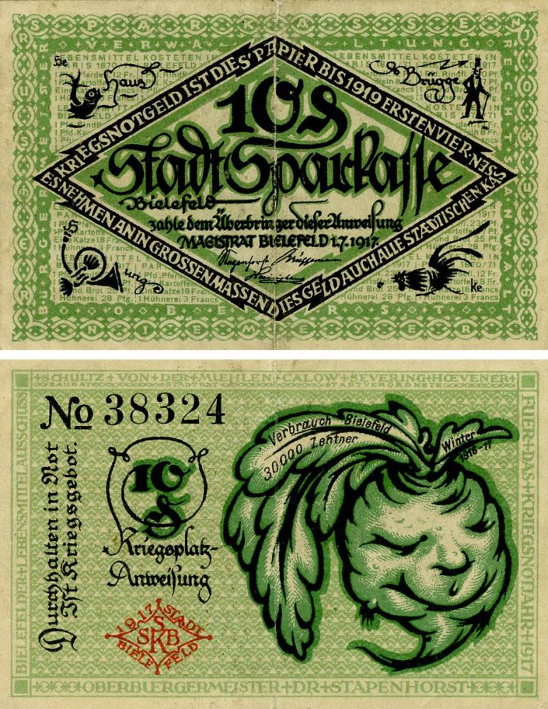 Коллекционная банкнота Германия Нотгельд 10 пфеннигов 1917 G-VG Билефельд (Б18421)