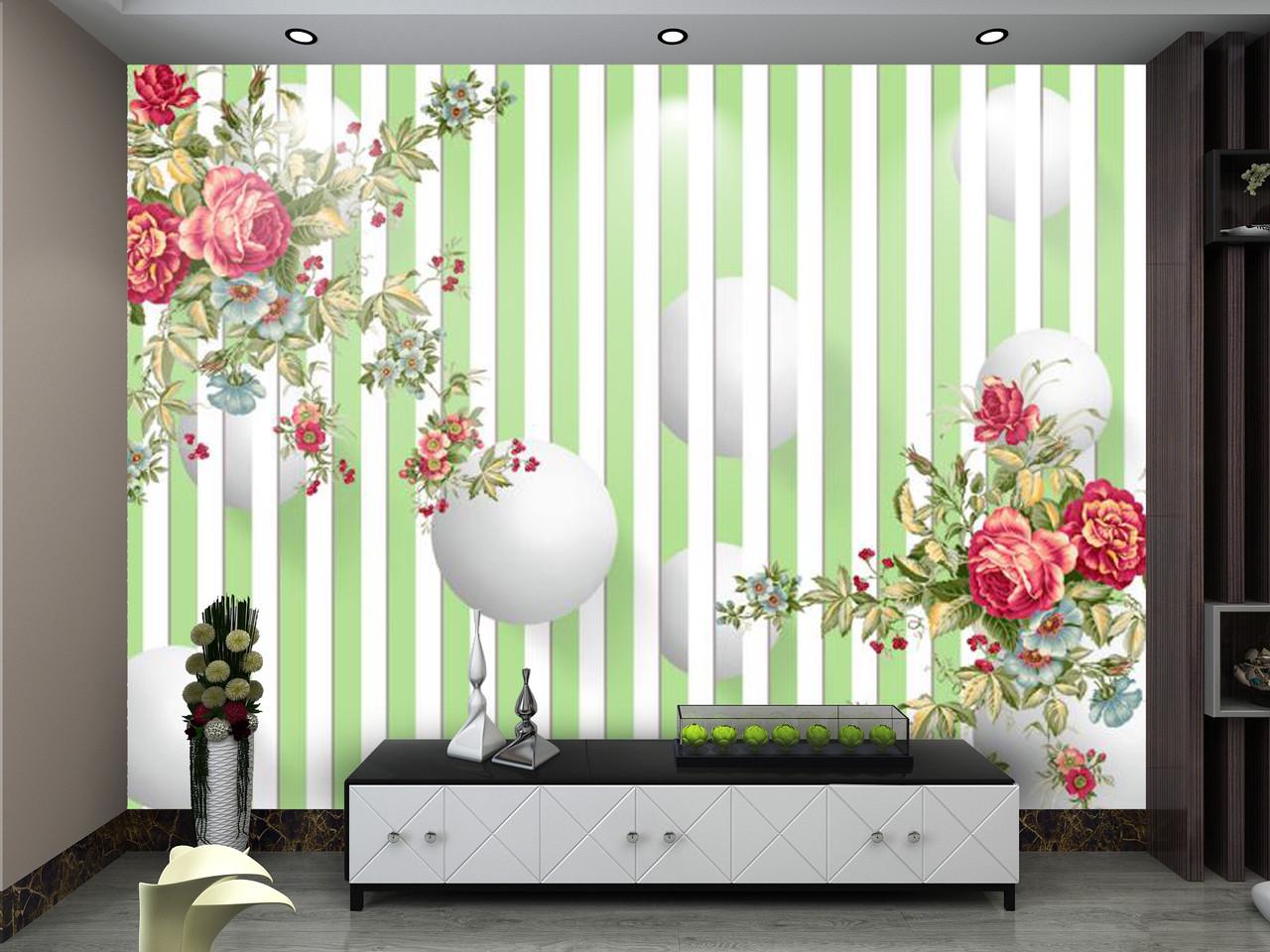 Фотообои флизелиновые 3D для спальни/зала/кухни моющиеся Зелено-белая полоска