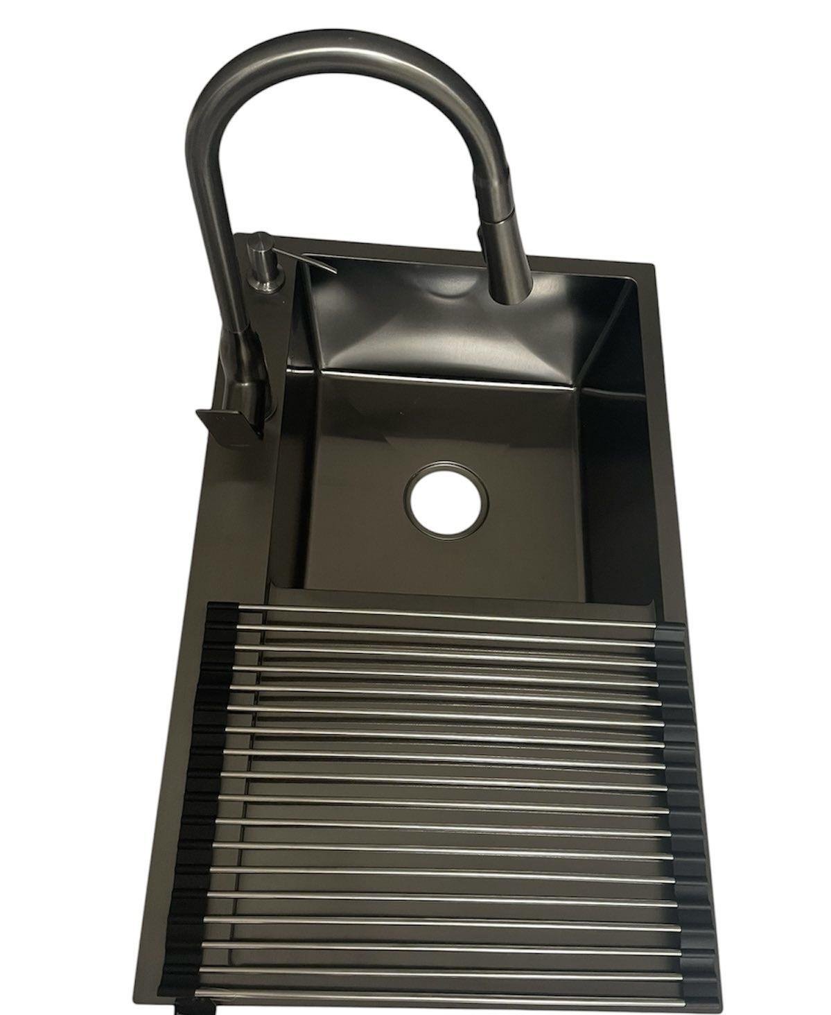 Мийка Lidz 7849BR PVD права та змішувач для кухні з висувним виливом Kroner Graz-GRP030-T Чорний