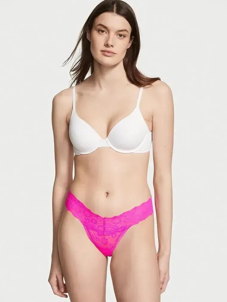 Трусики кружевные Victoria's Secret Logo Cotton Thong Panty Pink M Розовый (26645600)