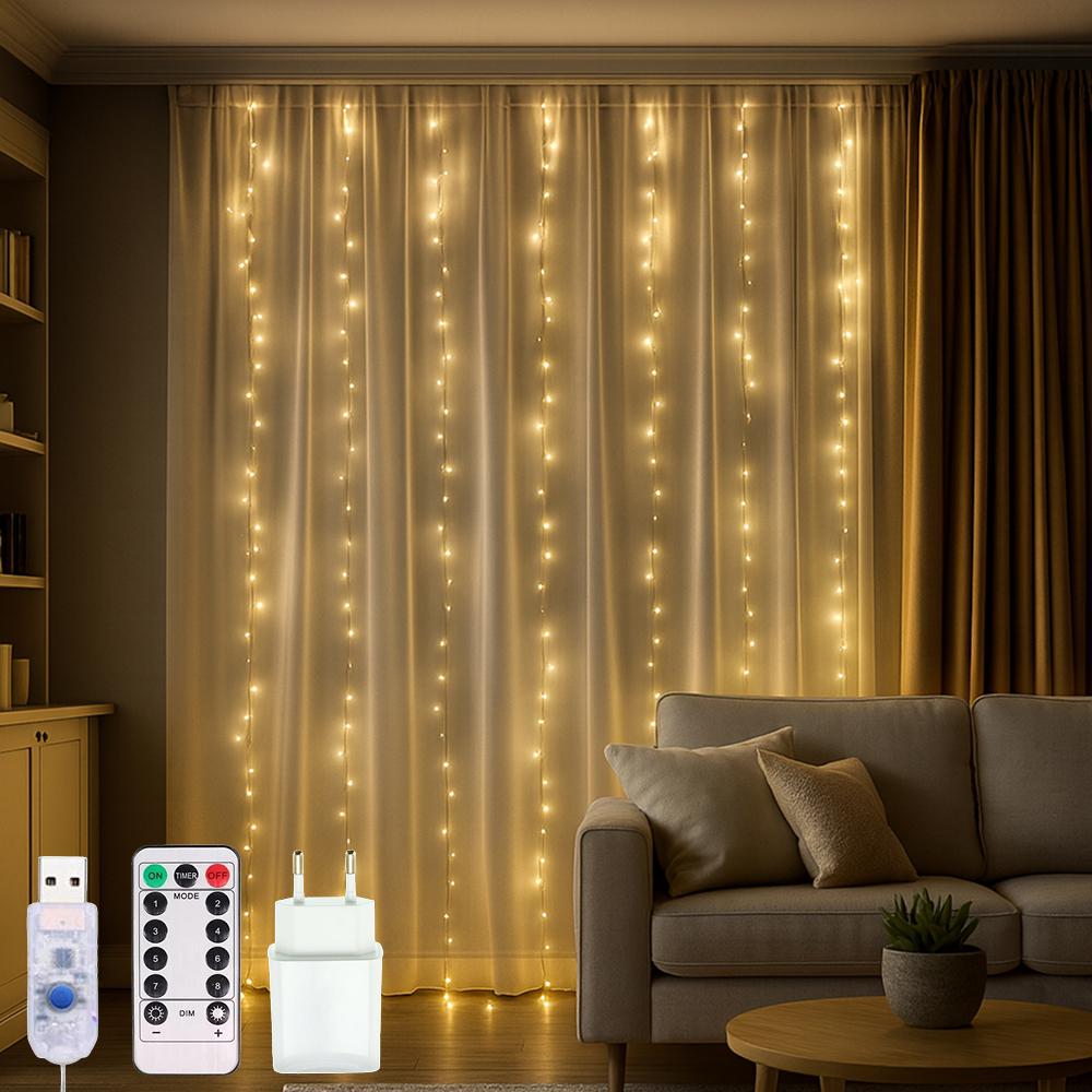 Гирлянда штора Роса мишура 3x2 м 600LED от USB и сети/с пультом/8 режимов/IP44 теплый белый