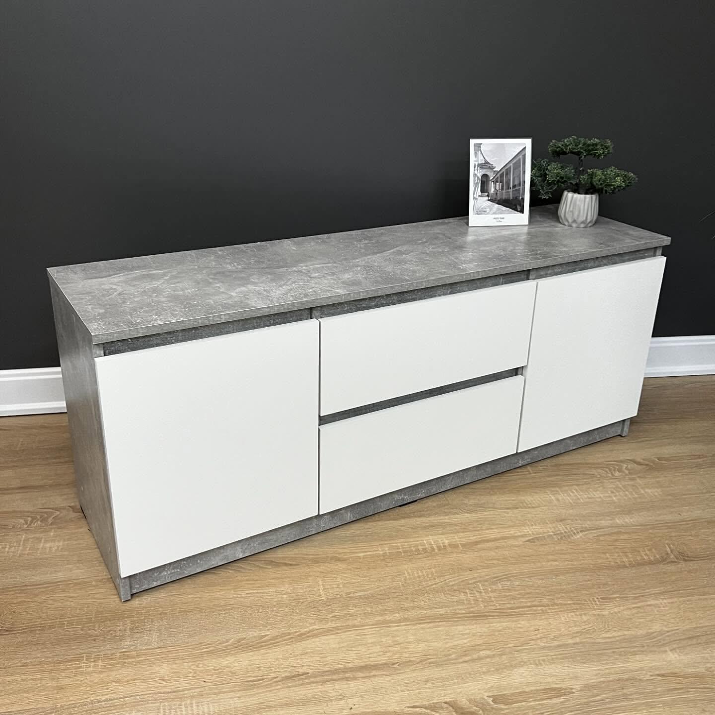 Тумба под телевизор на 2 ящика без ручек Sigma 1304х370х530 мм Бетон/Белый