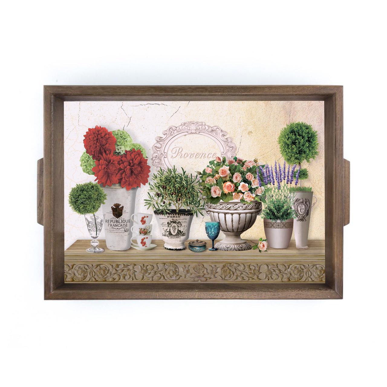 Поднос деревянный с ручками Букет георгин и роз 30х42 см (ппр0102ку)