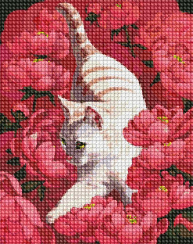Алмазная мозаика Идейка Котик в пионах 40x50 см (AMO7258)