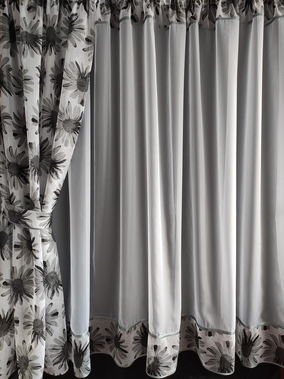 Комплект на кухонное окно Ромашка шифон и батист с цветами 290х190 см Белый/Серый (ромашка-01) - фото 4 Комплект на кухонное окно Ромашка шифон и батист с цветами 290х190 см Белый/Серый (ромашка-01) - фото 4