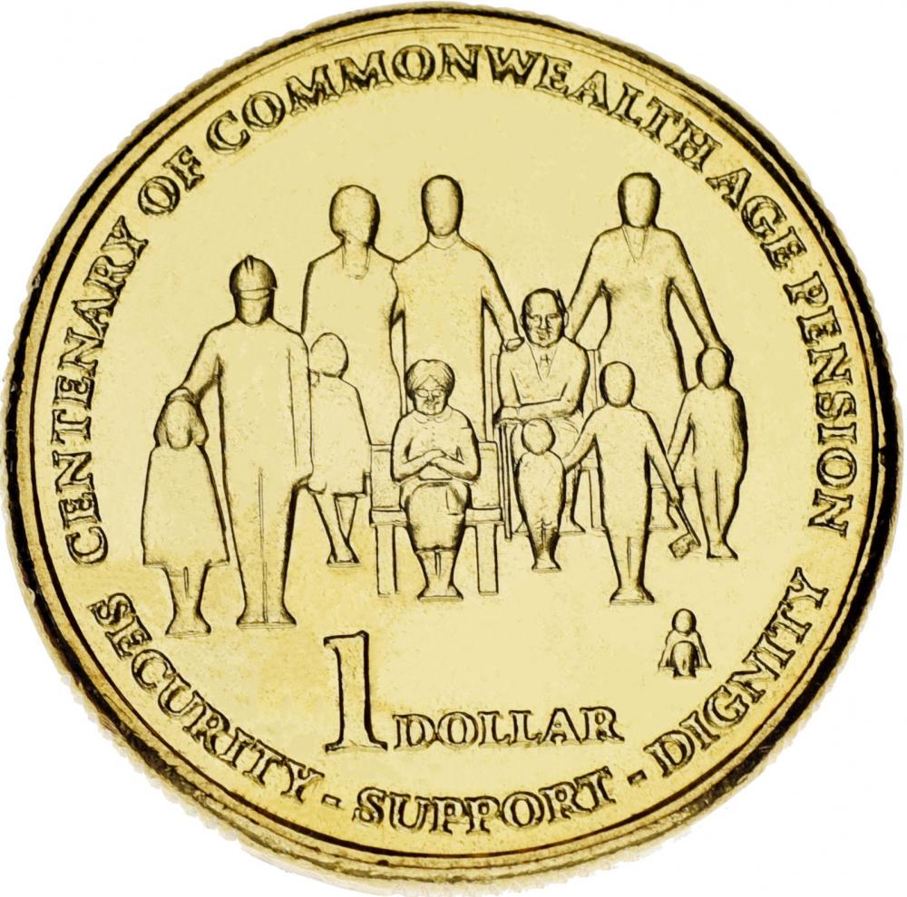 Коллекционная монета Австралия 1 доллар 2009 UNC 100 лет содружеству по пенсиям по возрасту (М14303)