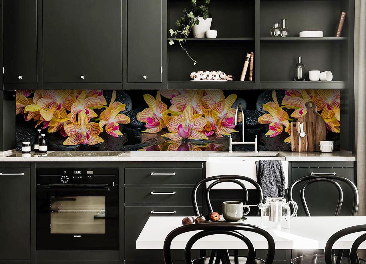 Кухонный фартук Оранжевые орхидеи из самоклеющейся виниловой пленки 60х300 см Оранжевый