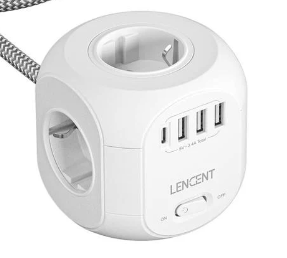 Фильтр разветвитель тройник сетевой Lencent 4EU розетки с выключателем/USB-C/3USB-A 2500W/10A кабель 2 м Белый Фильтр разветвитель тройник сетевой Lencent 4EU розетки с выключателем/USB-C/3USB-A 2500W/10A кабель 2 м Белый