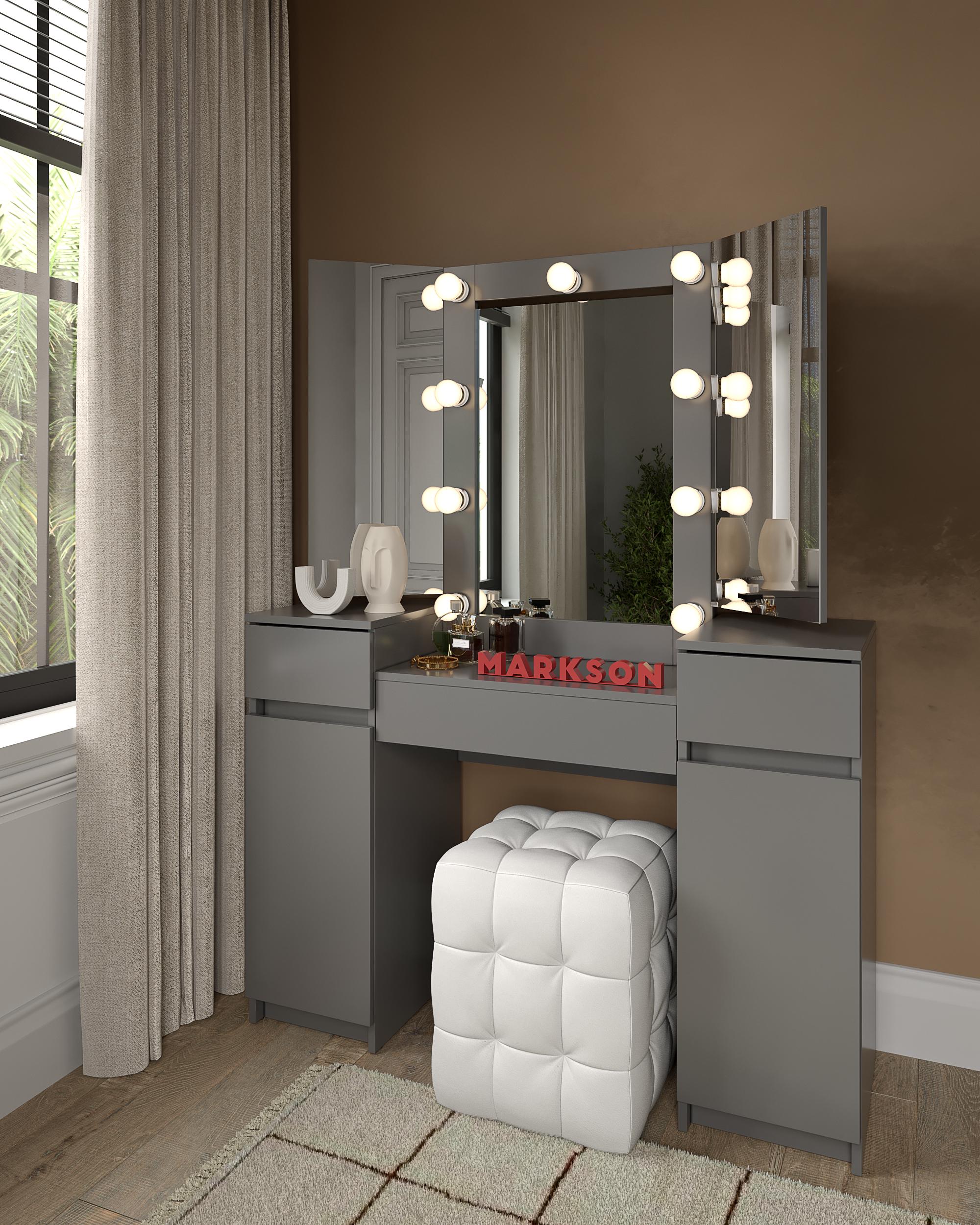 Туалетний стіл-трюмо з дзеркалом та підсвічуванням на 2 тумби та висувний ящик Антрацит (MS633) Туалетний стіл-трюмо з дзеркалом та підсвічуванням на 2 тумби та висувний ящик Антрацит (MS633)