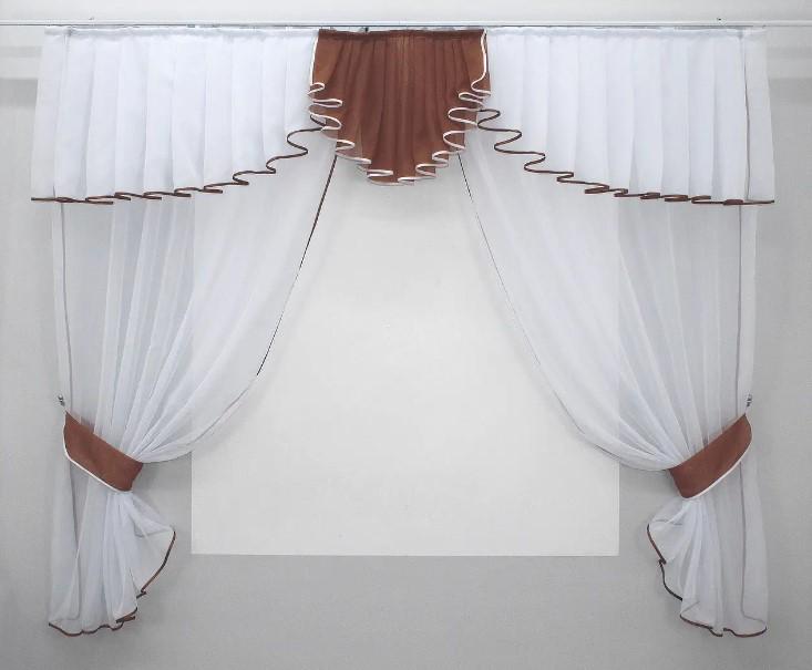 Комплект штор на кухню/балкон шифон 200х170 см шифон Белый/Коричневый (103к) Комплект штор на кухню/балкон шифон 200х170 см шифон Белый/Коричневый (103к)