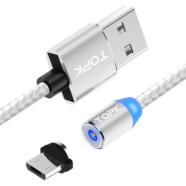 Магнитный кабель Topk AM23 microUSB с подсветкой 2 м Silver (AM23-25) - фото 1