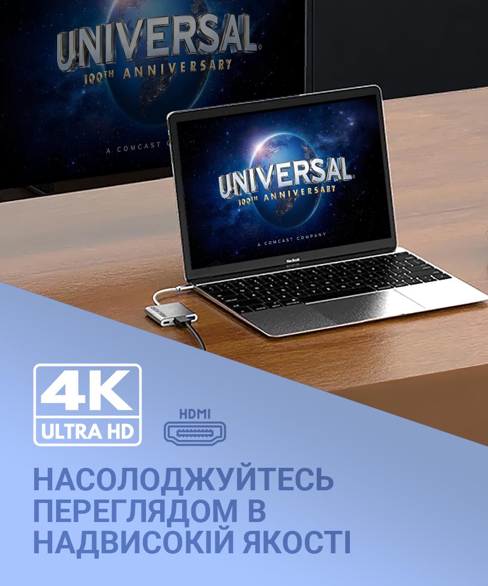 Концентратор-перехідник Walker USB HUB WHUB-35 Type-C to USB3.0 + HDMI + PD Сріблястий - фото 8