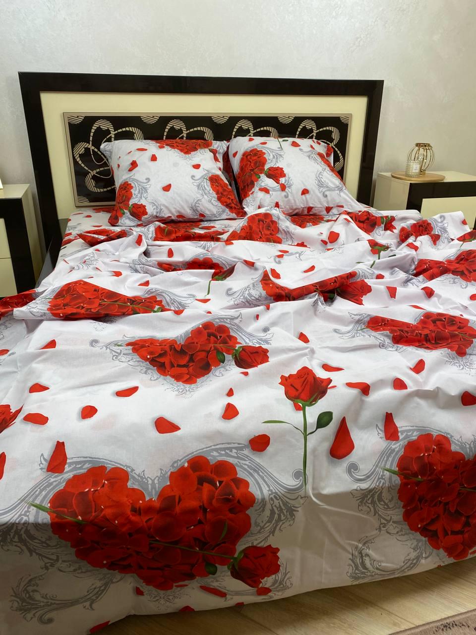 Комплект постільної білизни Квіти бавовняний євро 200х220/50х70 см Білий з червоним