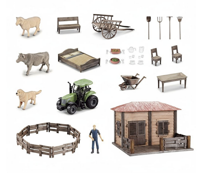 Ігровий набір Ферма будиночок трактор інерція гумові шини фігурка фермера 3 тварини огорожі інструменти та меблі (2020-4) Ігровий набір Ферма будиночок трактор інерція гумові шини фігурка фермера 3 тварини огорожі інструменти та меблі (2020-4)