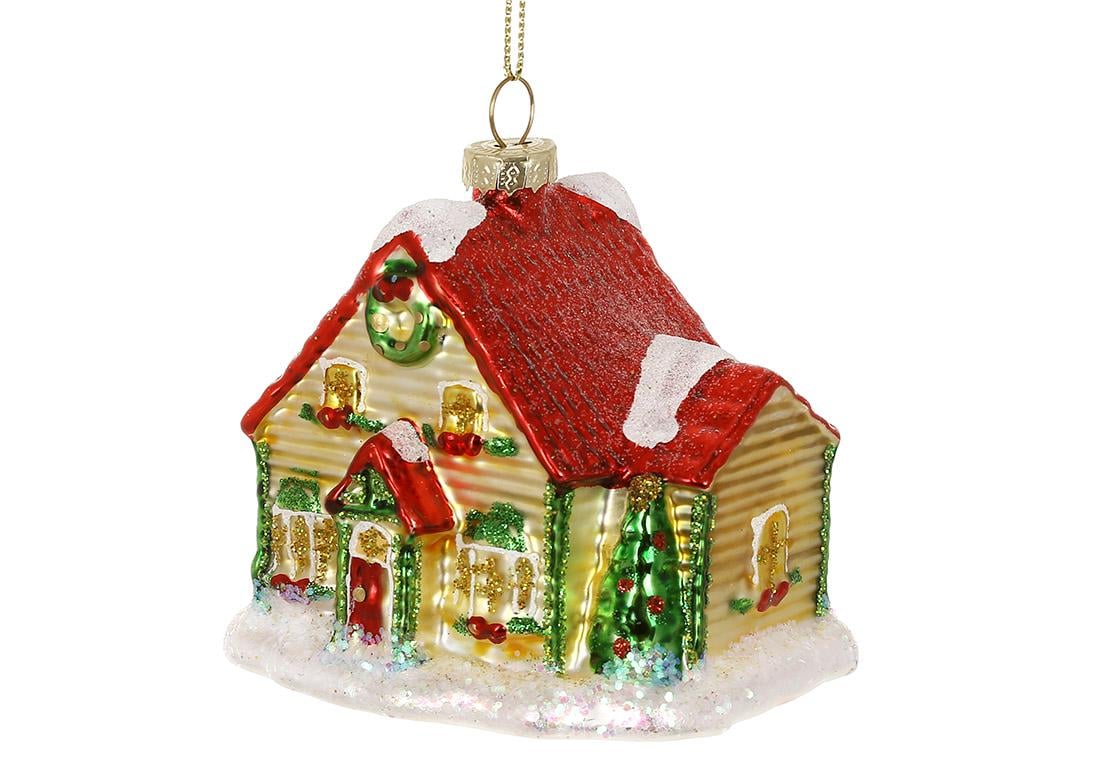 Игрушка на елку стеклянная BonaDi Домик 10 см Золотой с красным/Зеленый (115-243)