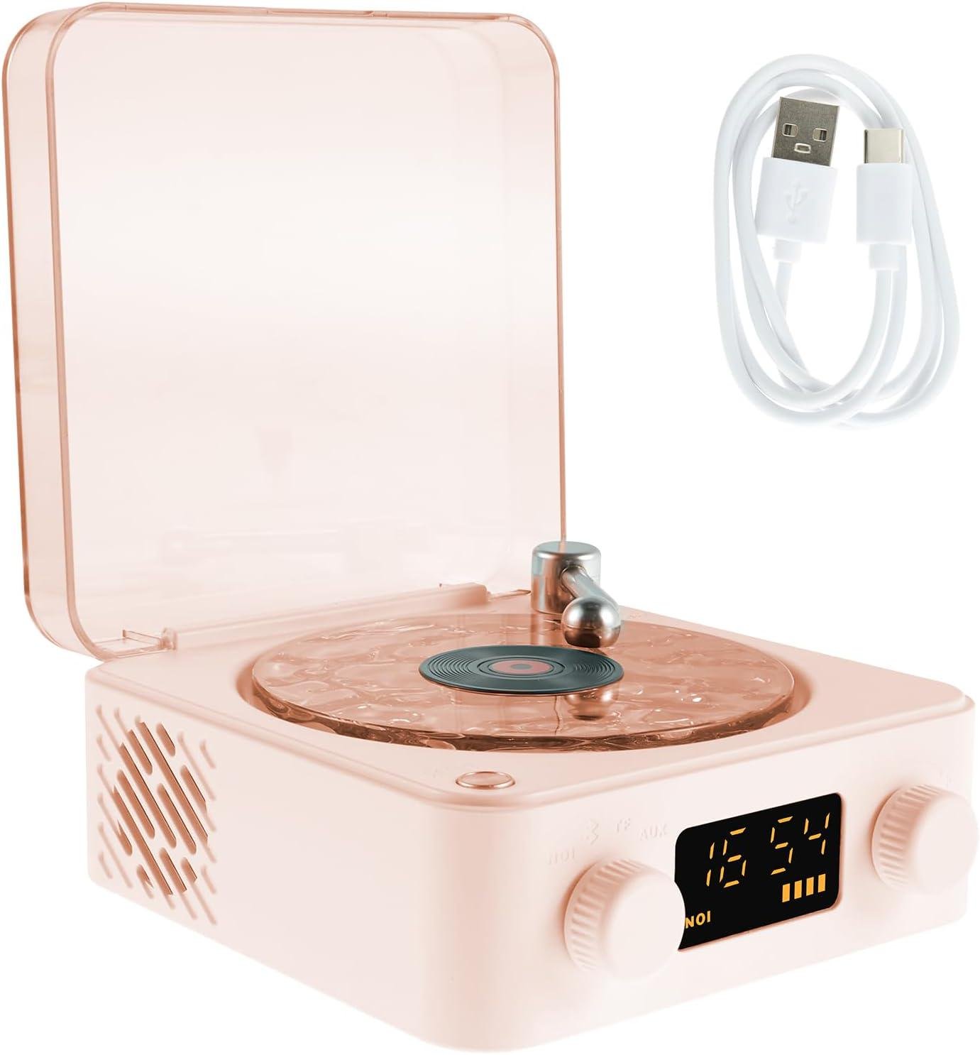 Портативна колонка Bluetooth у вигляді вінілового програвача грамофона з годинником та нічником Pink (23442376)