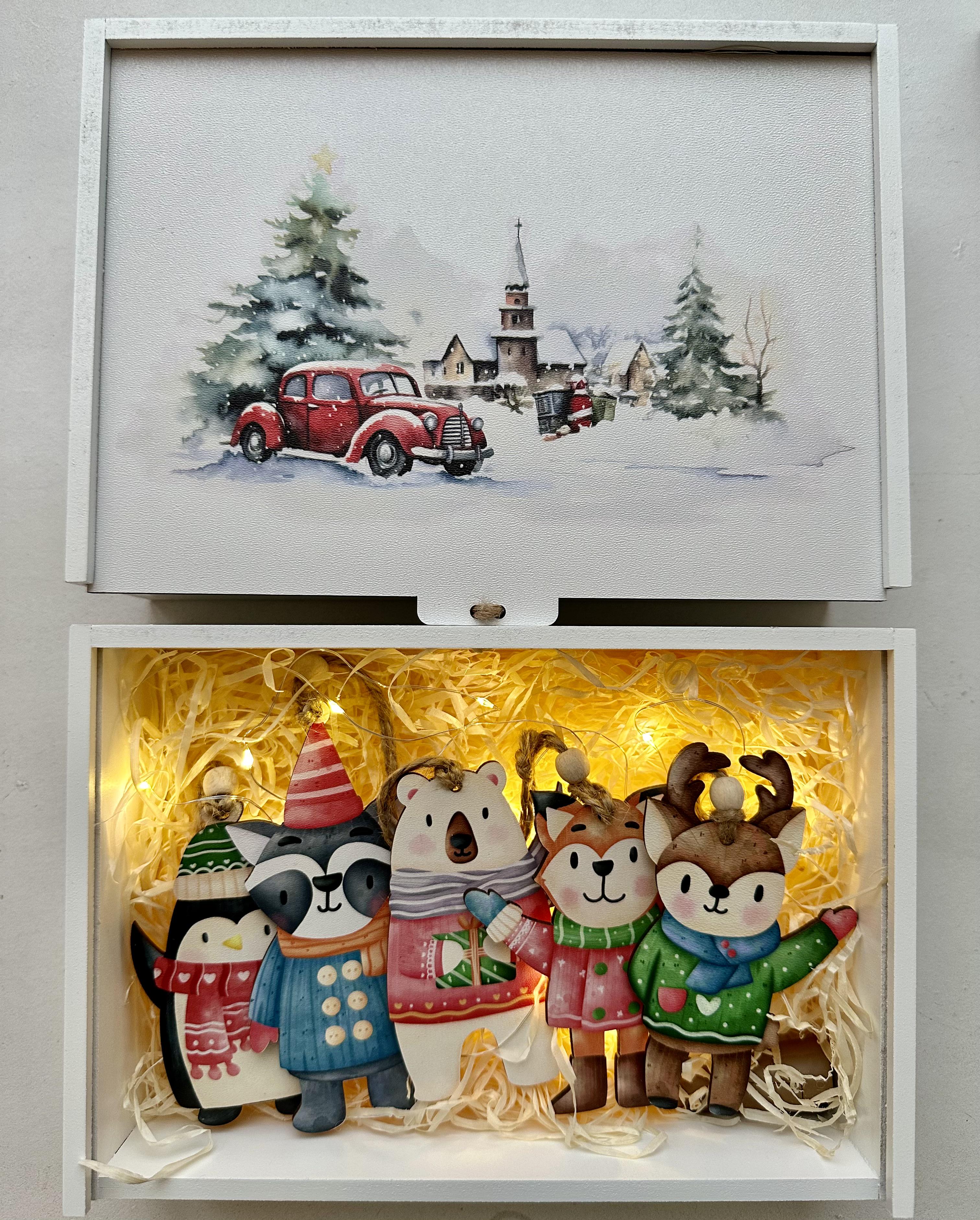 Набір новорічний з іграшками у святковій дерев'яній коробочці 5 шт.