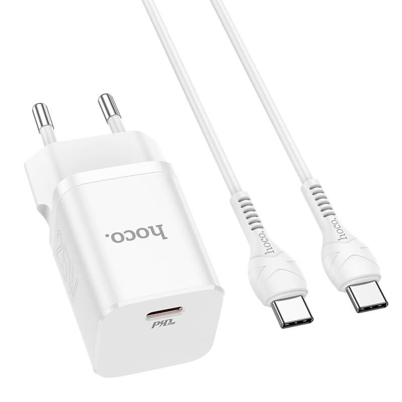 Мережевий зарядний пристрій HOCO Type-C to Type-C cable Rigorous charger set N19 | Type-C, 25W, 3A, QC/PD white