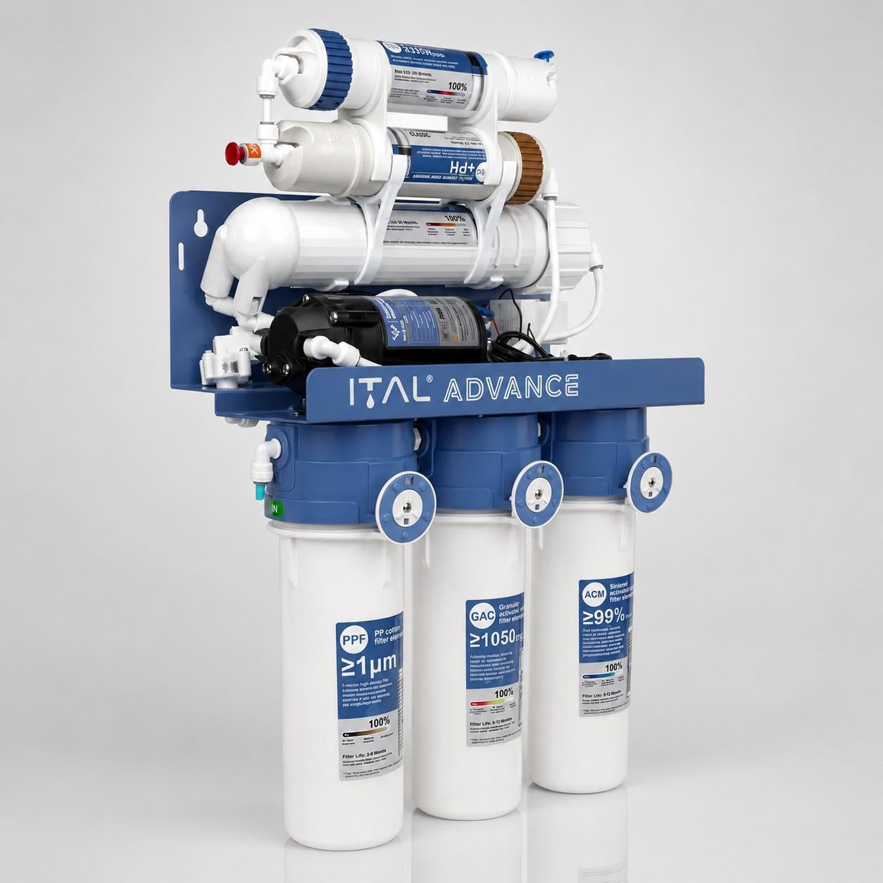 Фильтр обратного осмоса ITAL Advance 6-75MP с помпой минерализатором и мембраной DUPONT 75 GPD 6 ступеней очистки воды (ADV-RO6-75MP) Фильтр обратного осмоса ITAL Advance 6-75MP с помпой минерализатором и мембраной DUPONT 75 GPD 6 ступеней очистки воды (ADV-RO6-75MP)