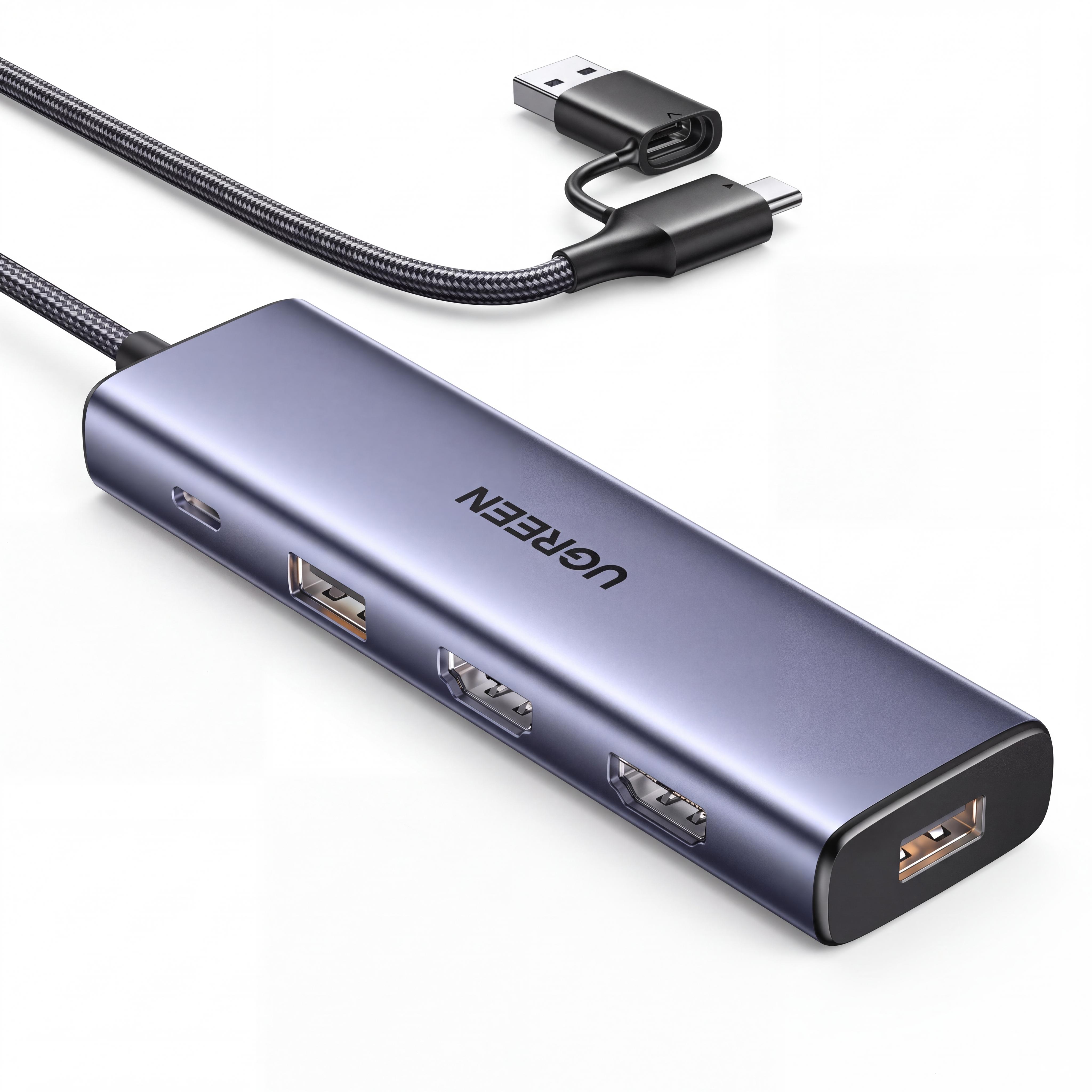 USB-C/USB-A док-станция UGREEN CM511 5в1 2 HDMI 2 USB-A до 1080p 60 Гц нужен UDisplay Windows 10+ или macOS 10.15+ 2 независимых экрана Серый (95945)