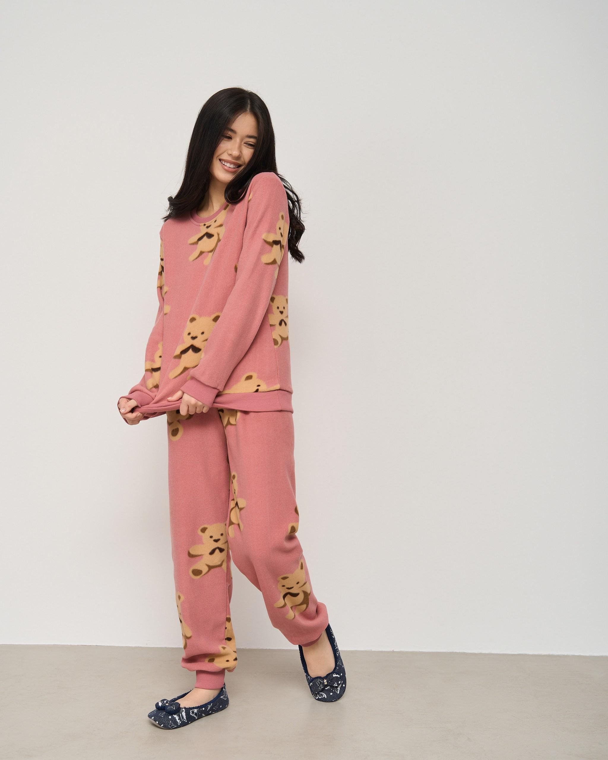 Пижама женская Мишки Тедди флис S Пыльная роза (94128)