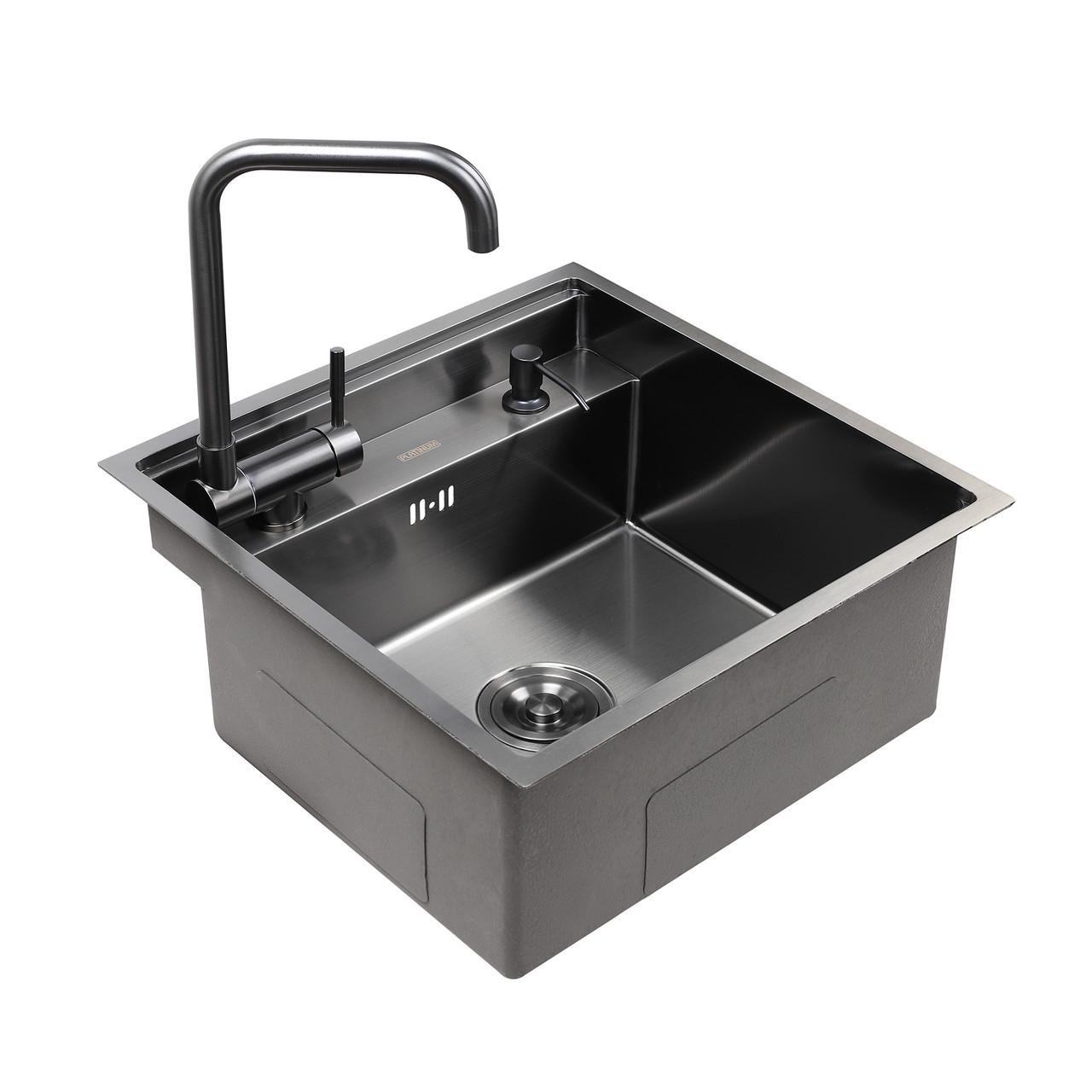 Кухонная скрытая мойка Platinum Handmade PVD смеситель в комплекте 50х50/220 Черный