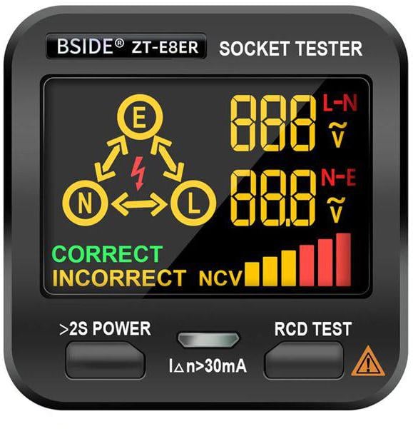 Тестер розеток цифровой BSIDE ZT-E8ER, с функцией бесконтактного индикатора напряжения (100756)