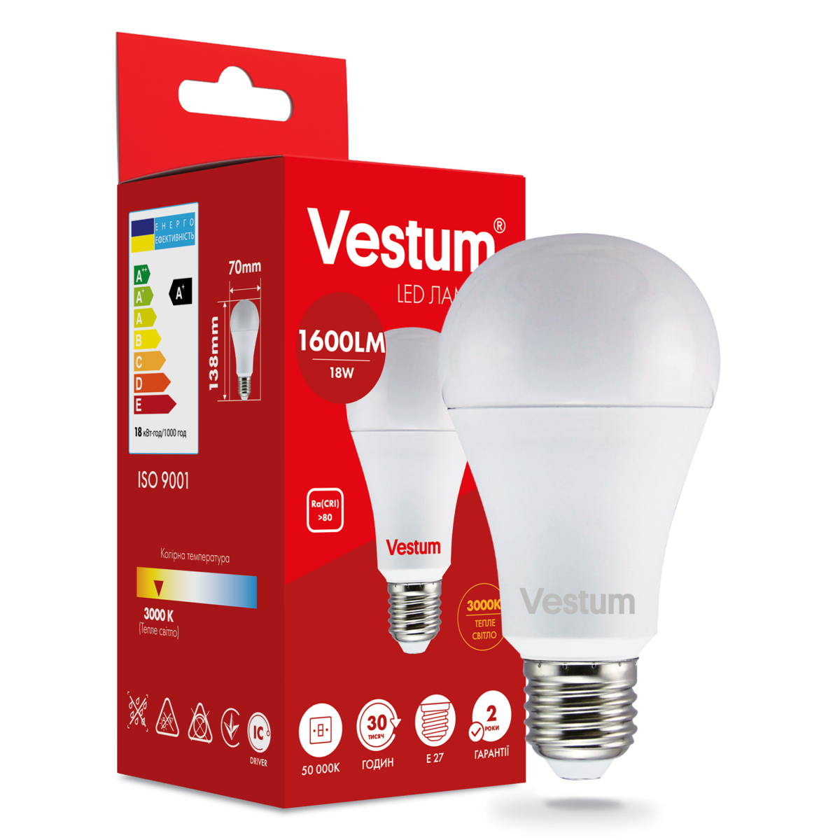 Светодиодная лампа Vestum A70 18W 3000K 220V E27 (1-VS-1112)