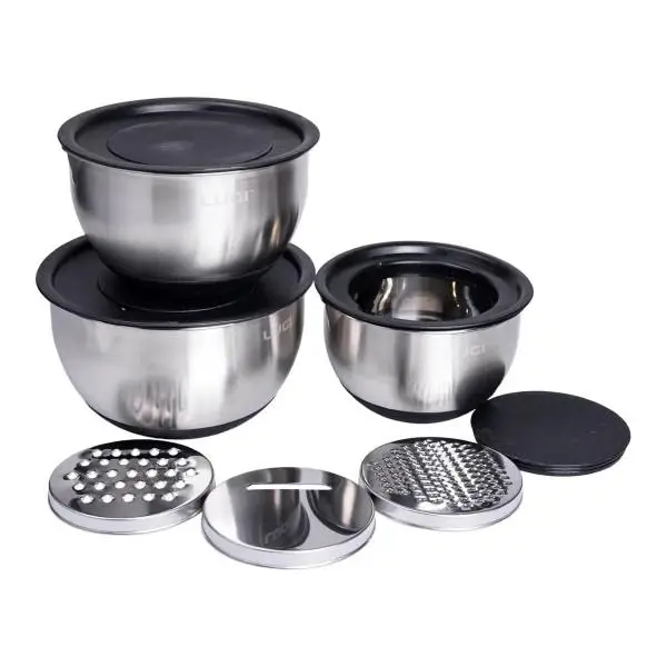 Набір мисок з кришками та змінними терками з нержавіючої сталі 3 шт. Хром (147-107-LG-02/3PCS)
