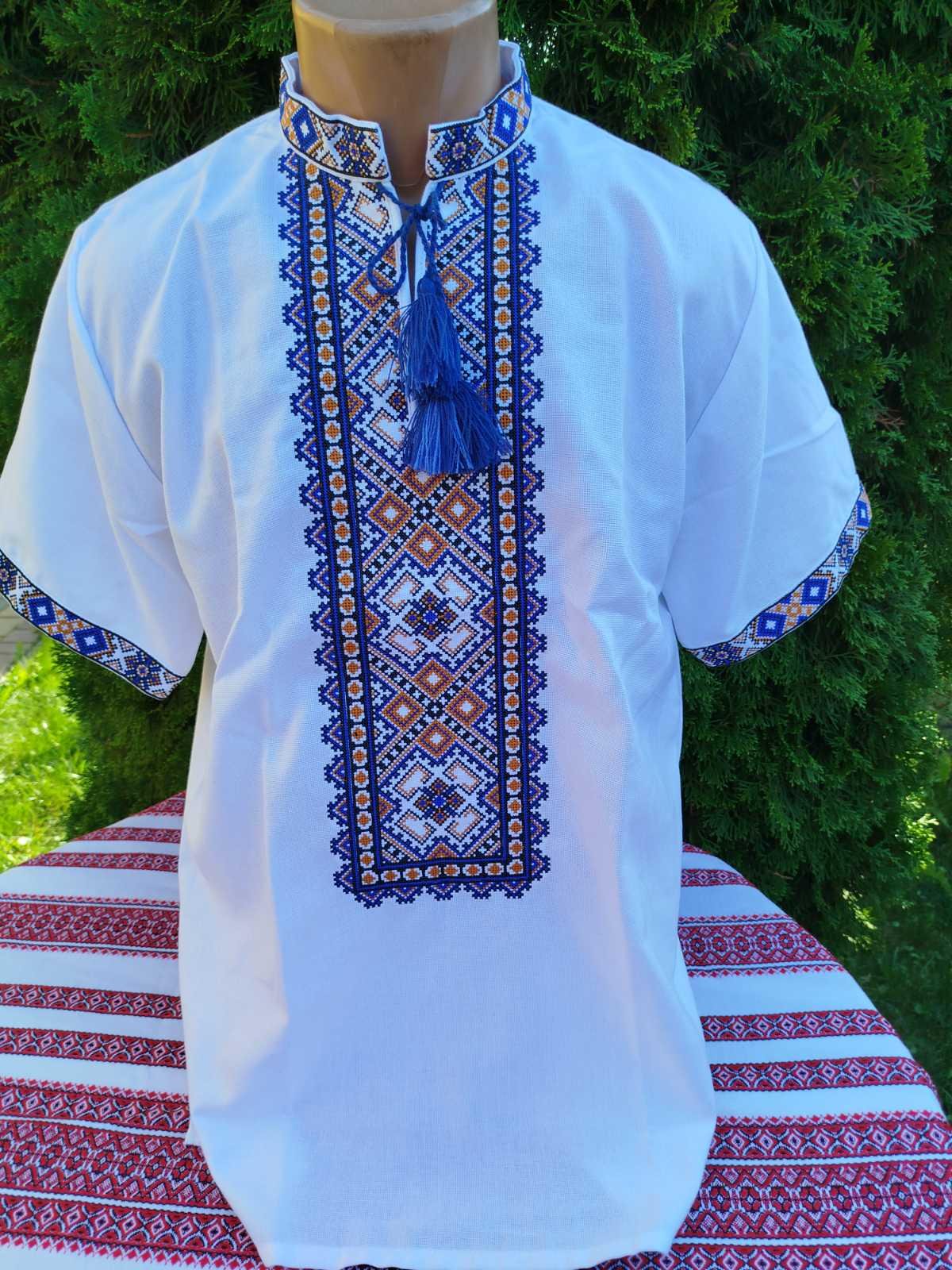 Сорочка вишита для чоловіків на короткий рукав з квітковим орнаментом р. 52 Синьо-золотий